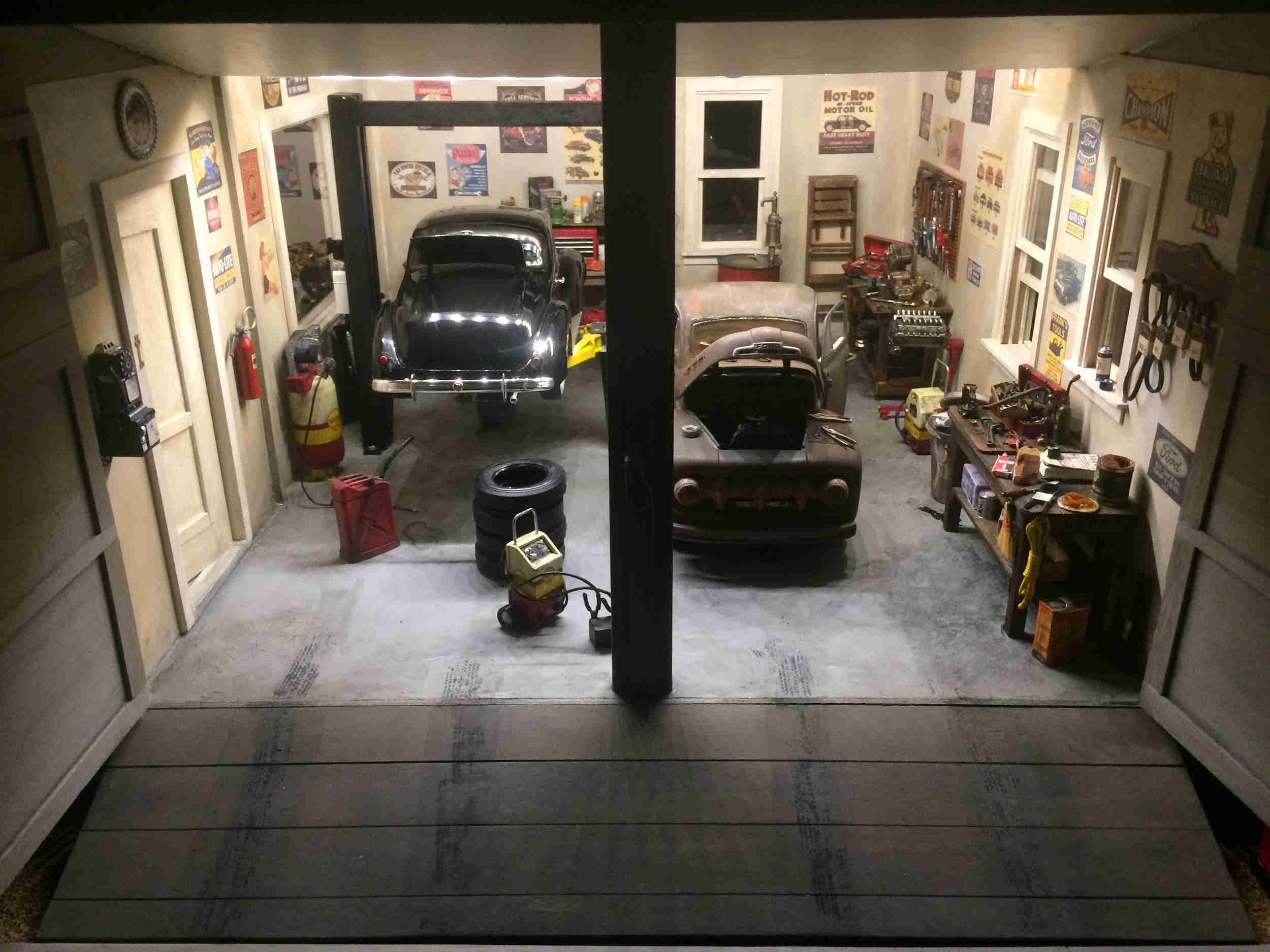 Interior of garage with lights on
